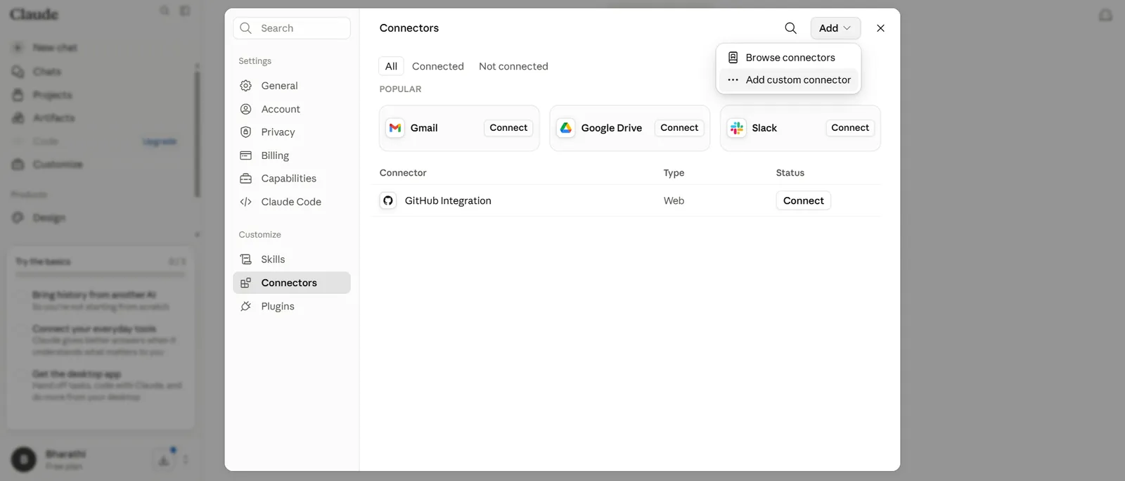claude.ai Customize → Connectors panel with the + icon visible