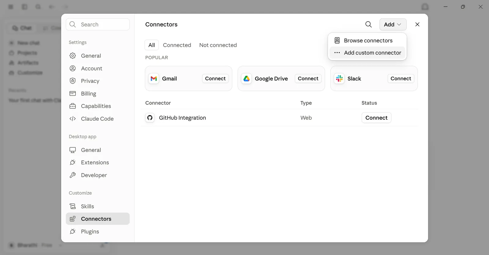 Claude Desktop Customize → Connectors panel with the + icon visible