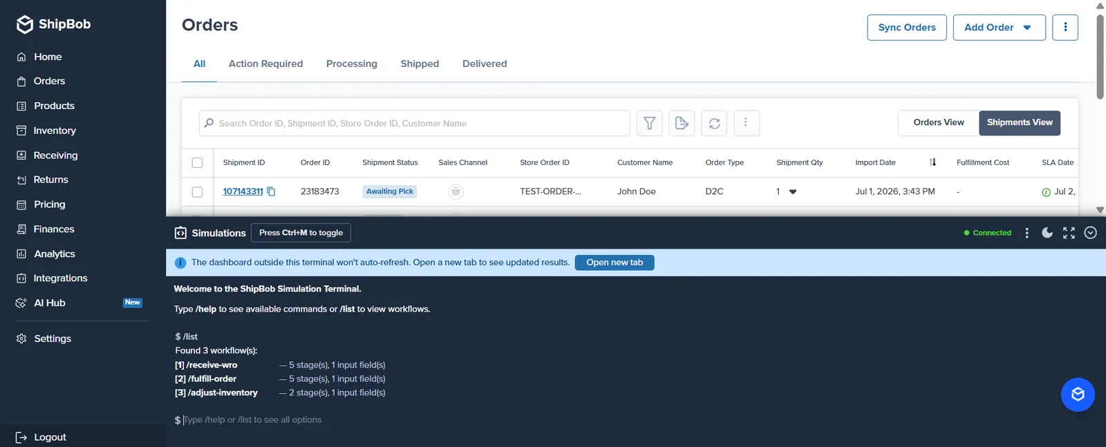 Simulation Terminal on the Orders page
