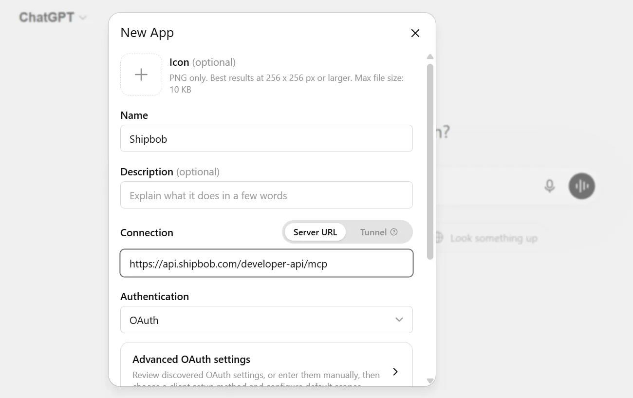 ChatGPT Add custom connector dialog with Name, MCP Server URL, and OAuth authentication populated