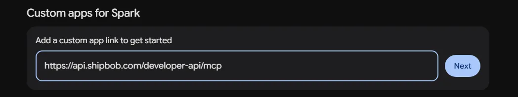Gemini Spark Custom apps for Spark section with the ShipBob MCP URL pasted