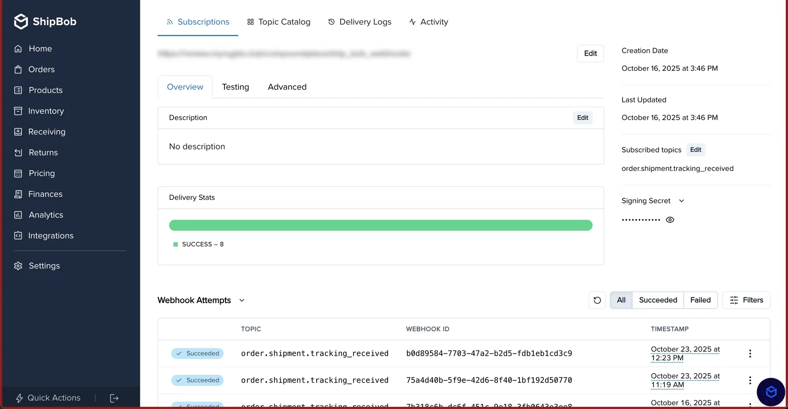 Tracking received webhook