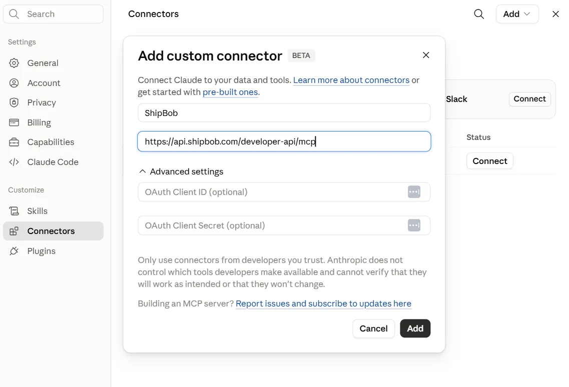 Add custom connector dialog in claude.ai with Name = ShipBob and URL populated