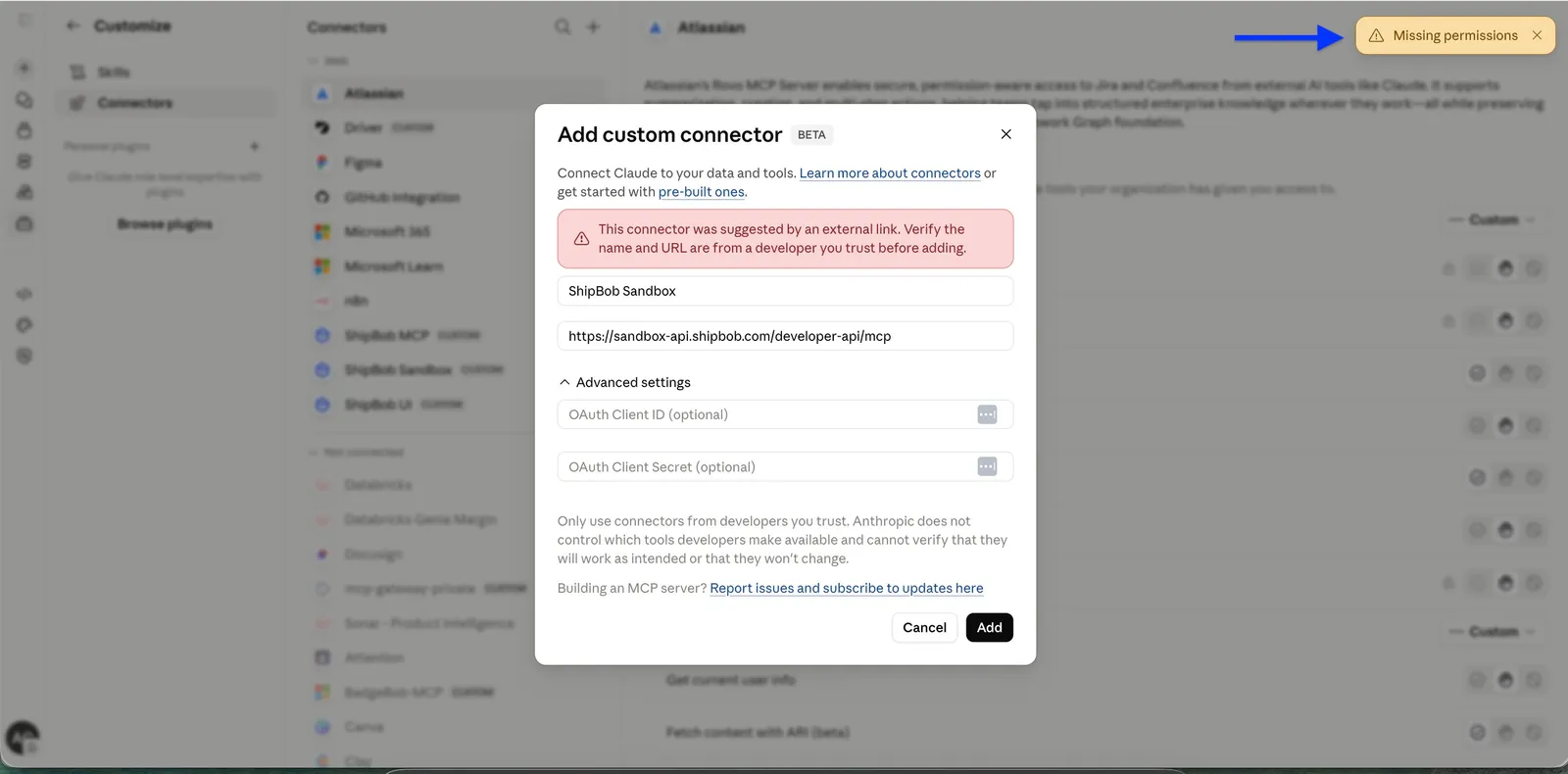 Missing permissions error on the Add custom connector screen