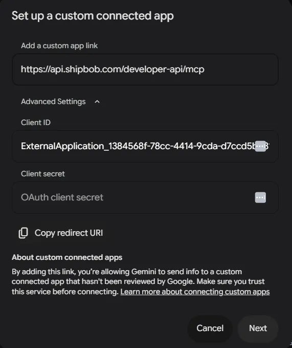 Gemini Spark Client ID prompt with the ShipBob-issued OAuth client ID entered