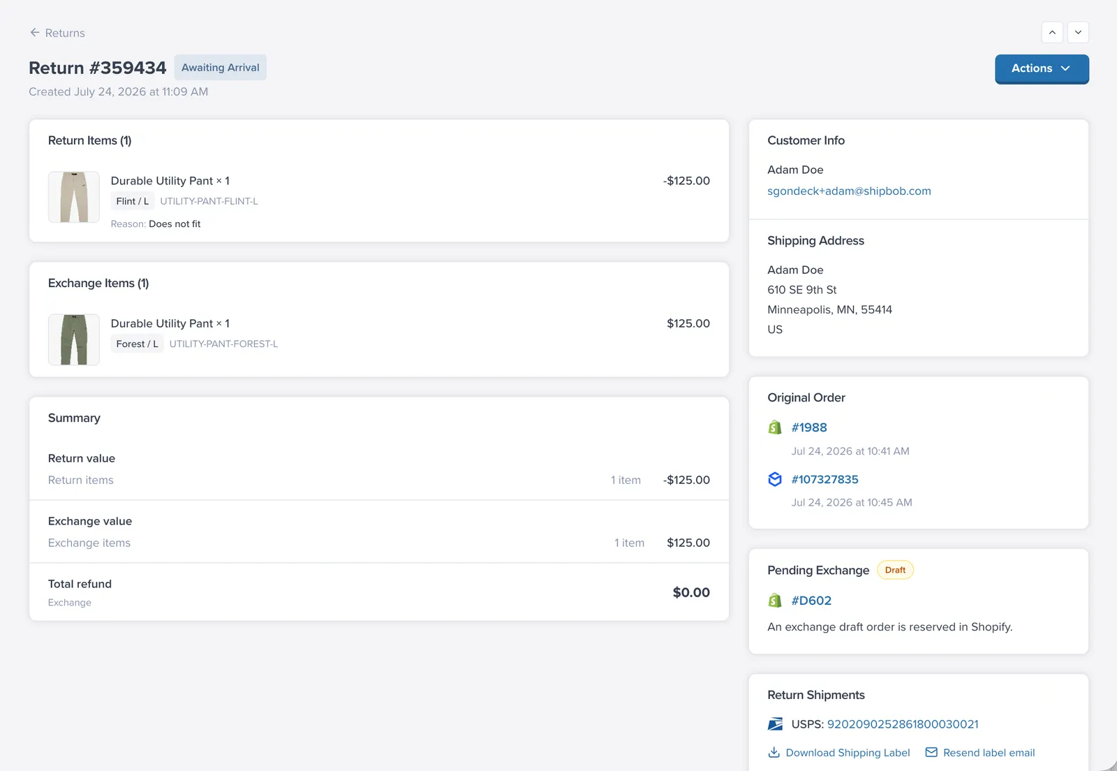 ShipBob Returns Exchange Draft Order