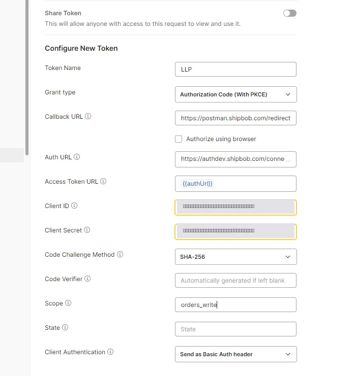 Postman OAuth 2.0 token configuration for ShipBob Logistics